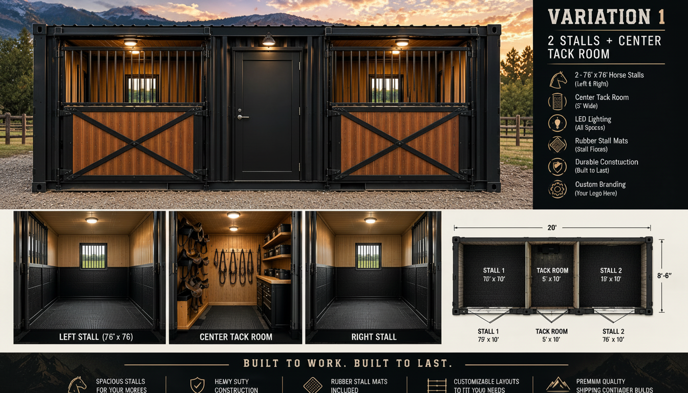 Saddle & Steel Ranch 1 — empty full 20-foot container build with two 7 foot 6 inch by 7 foot 6 inch stalls, dutch doors, vertical pipe stall bars, and a 5 foot by 7 foot 6 inch center tack room, situated on ranch property