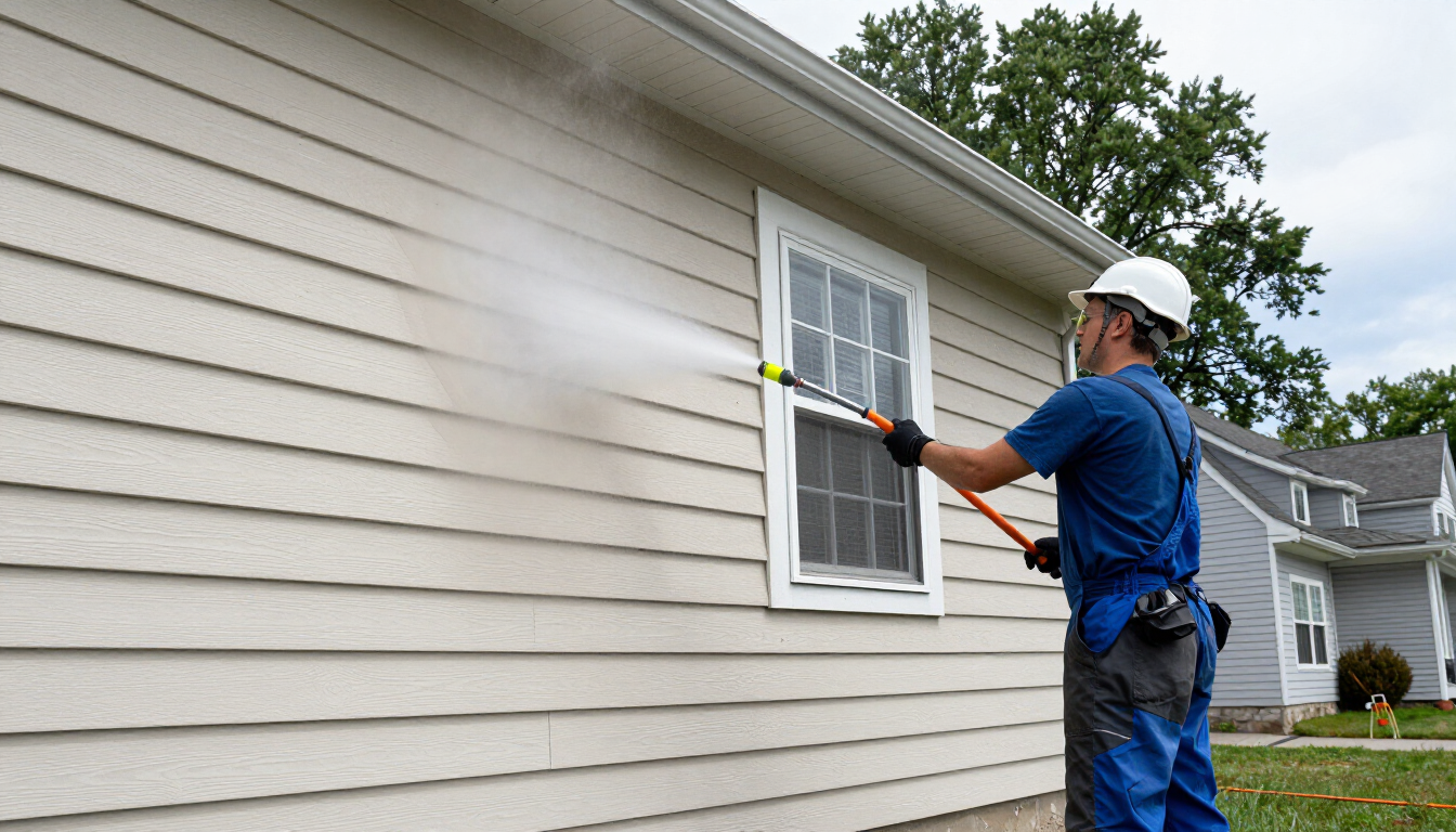 Professional painter power washing and prepping exterior siding on a Hasbrouck Heights NJ home near Route 17