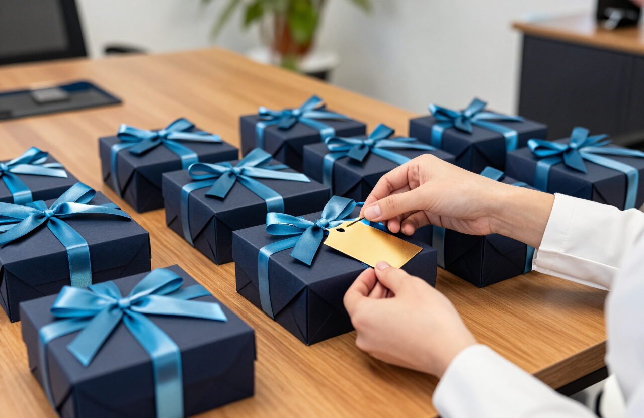 Navy gift boxes with cyan ribbons arranged for a team