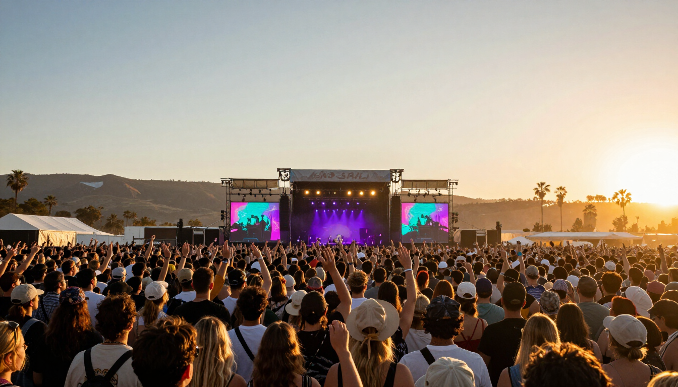 Large crowd enjoying an outdoor music festival at sunset with colorful stage lights