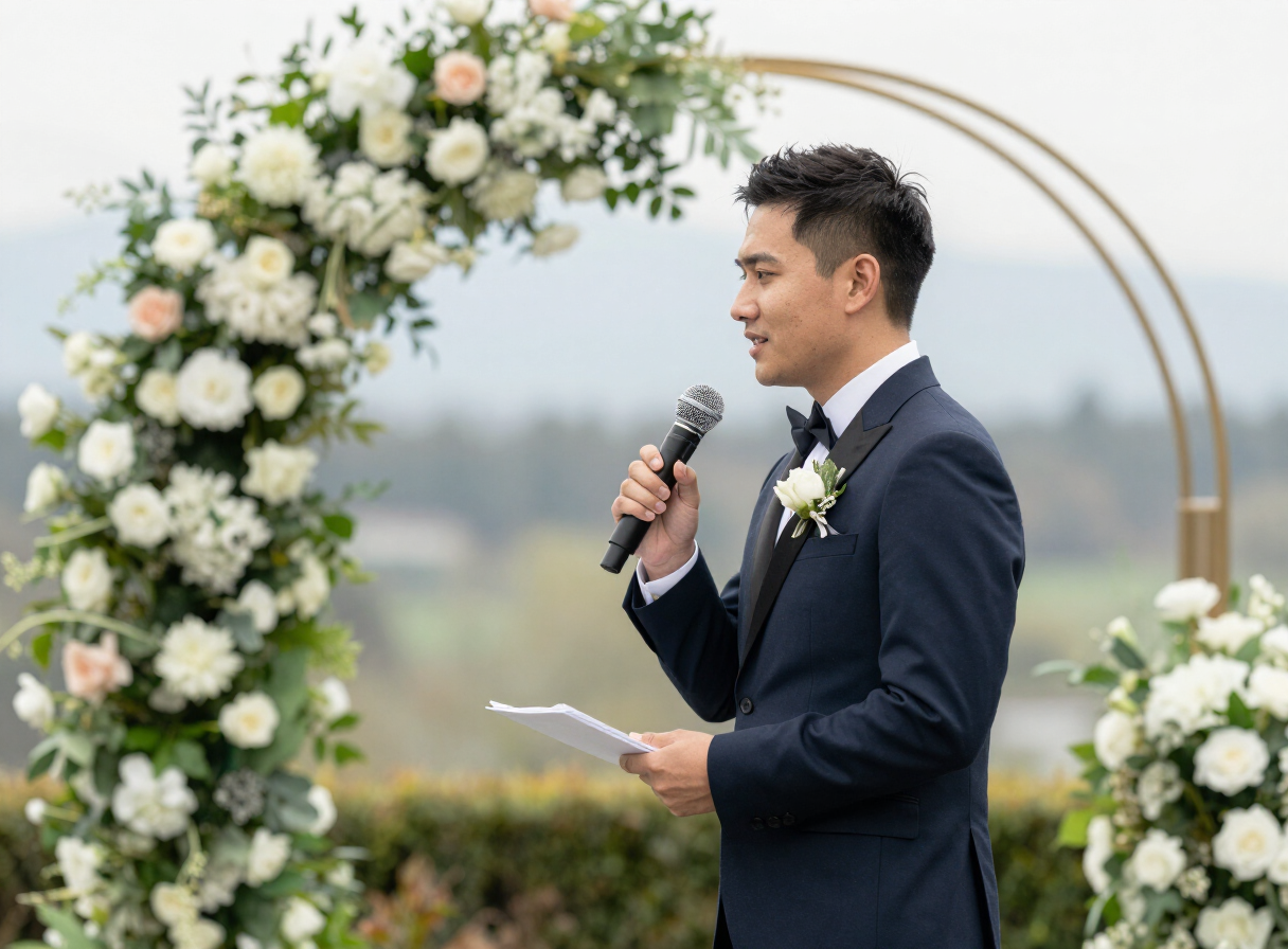 Wireless microphones at an outdoor wedding ceremony