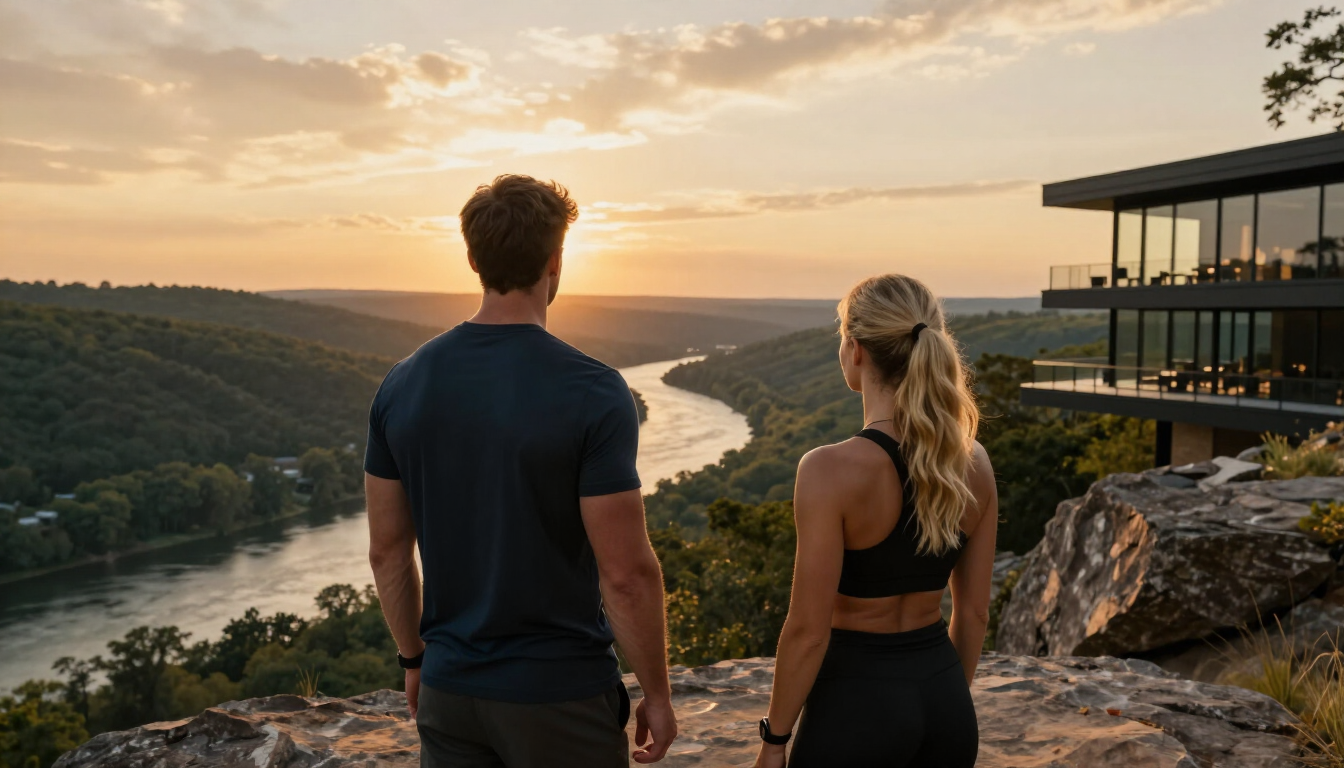 Couple overlooking a river valley at sunset