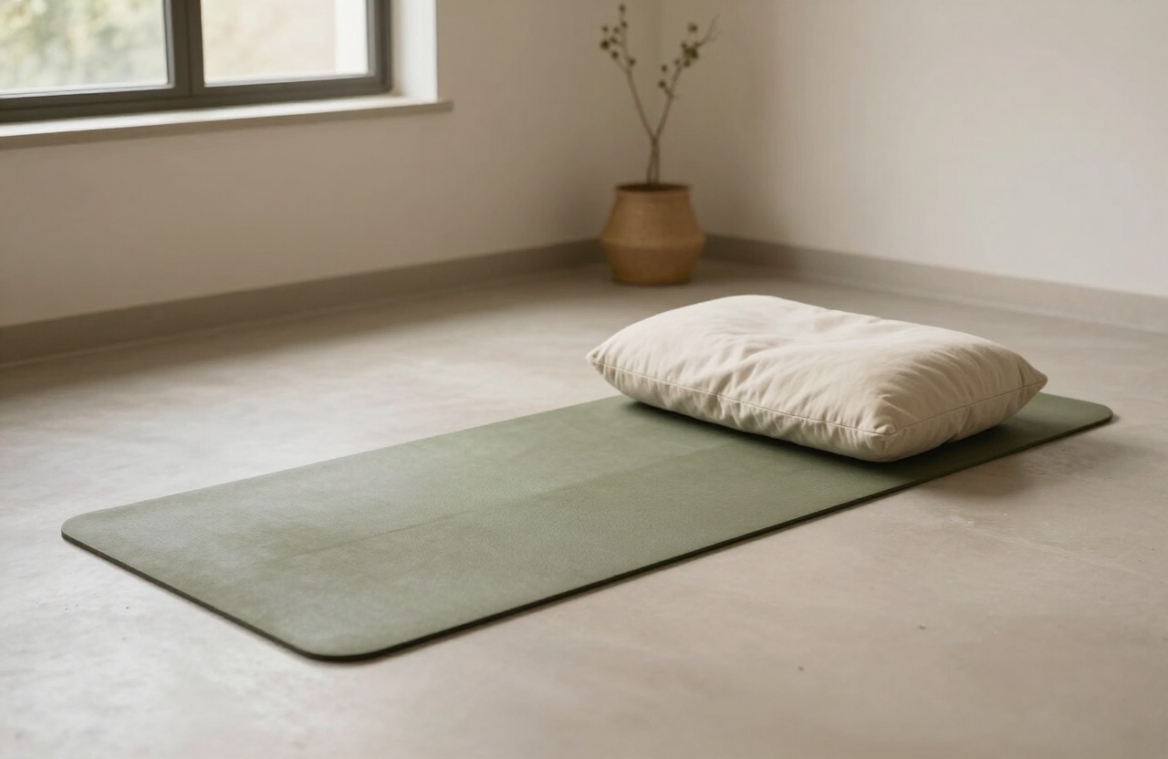 A yoga mat and cushion in a sunlit rural studio corner