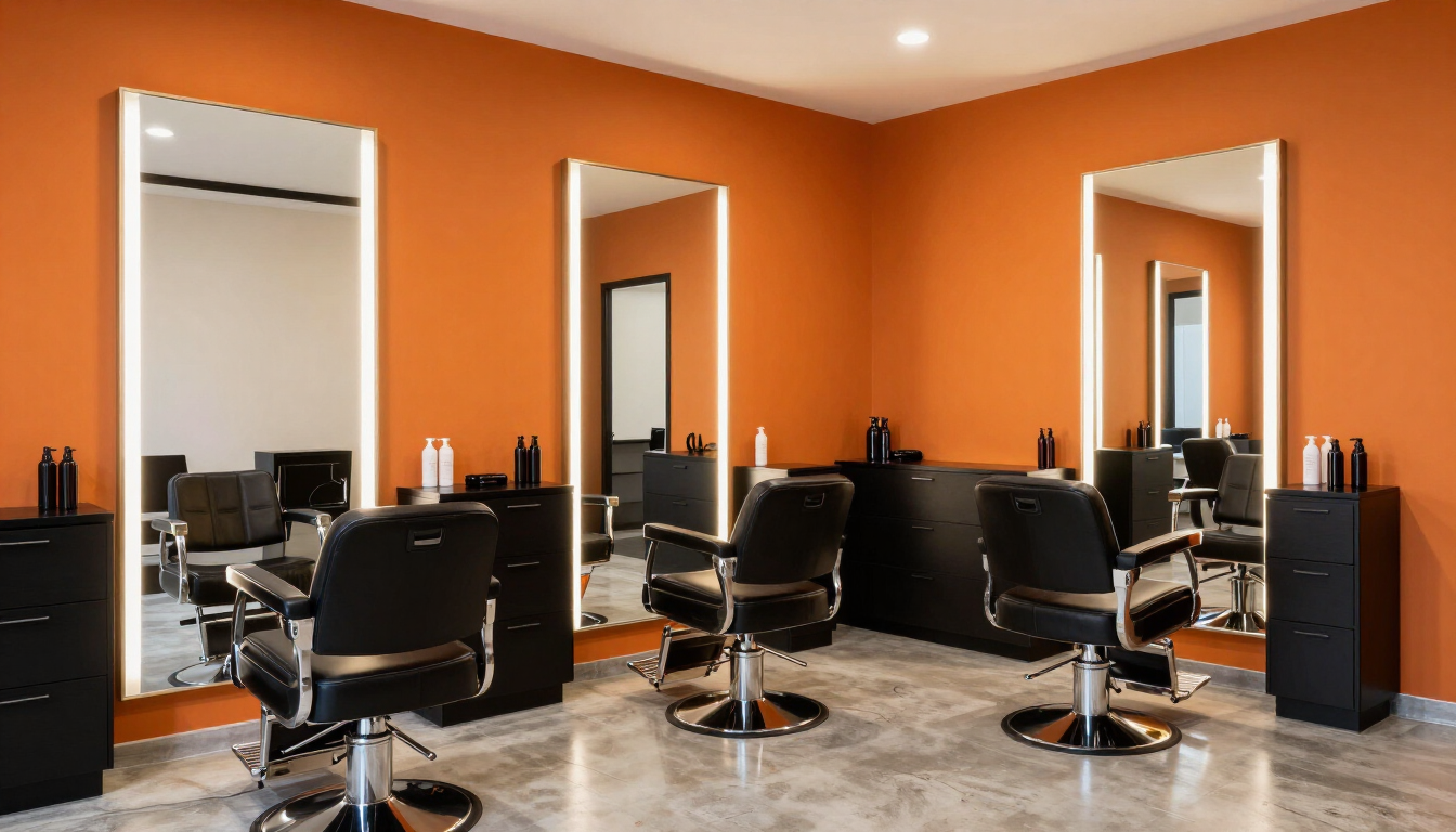 Interno del salone Bady Style a Tirrenia: poltrone nere, specchi illuminati e parete arancione