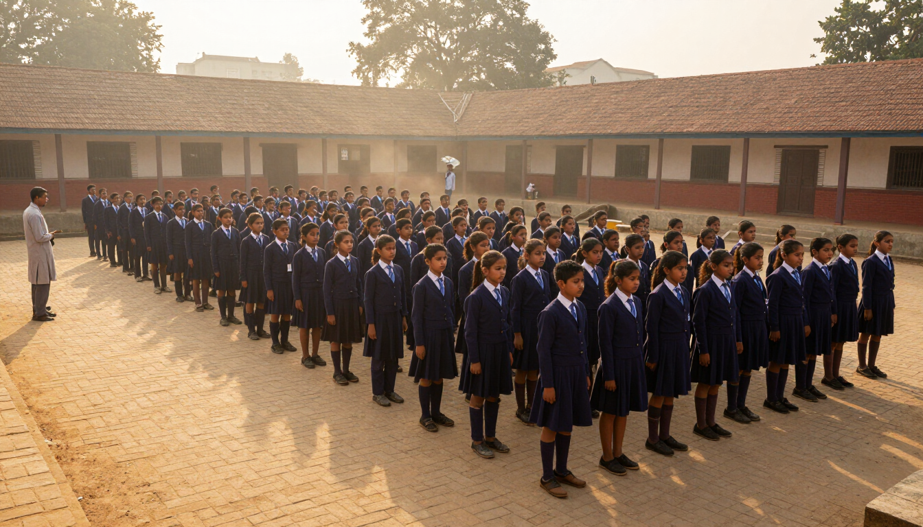 Students of Himali English Boarding School gathered for morning assembly in the school courtyard