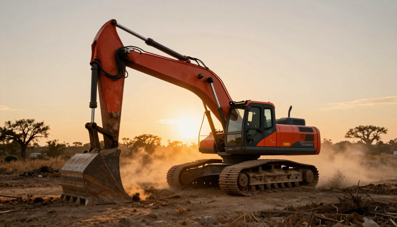 Red excavator clearing brushland at Texas sunset