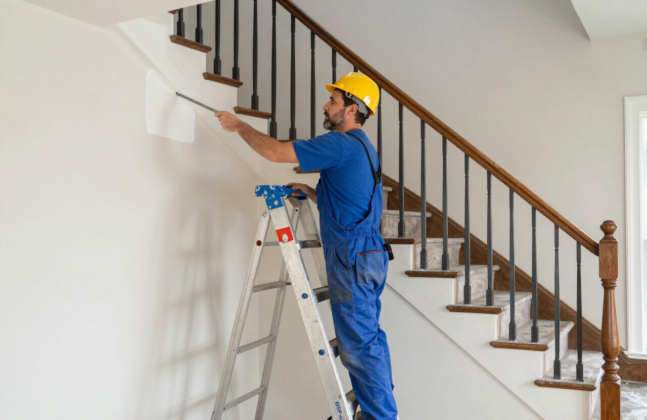 Professional painter painting a two-story stairway wall in a Lodi NJ home