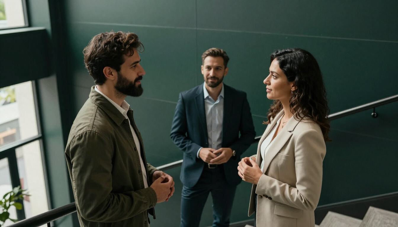 Profesionales de ventas conversando en una oficina moderna