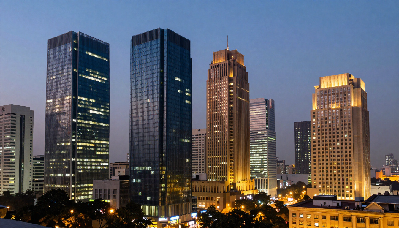 Evening view of a New Delhi business district with illuminated commercial buildings