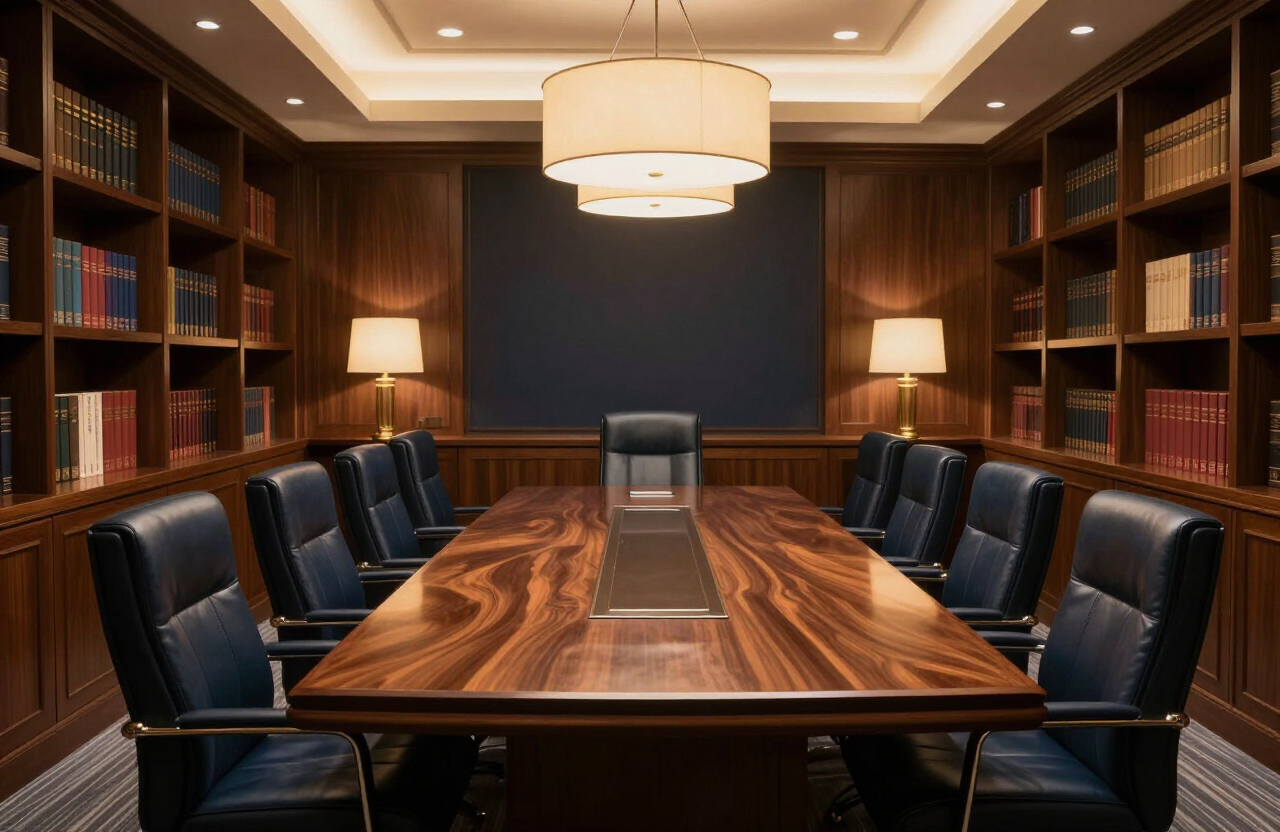 A high-end Kansas City law office conference room with a long wooden table, leather chairs and bookshelves