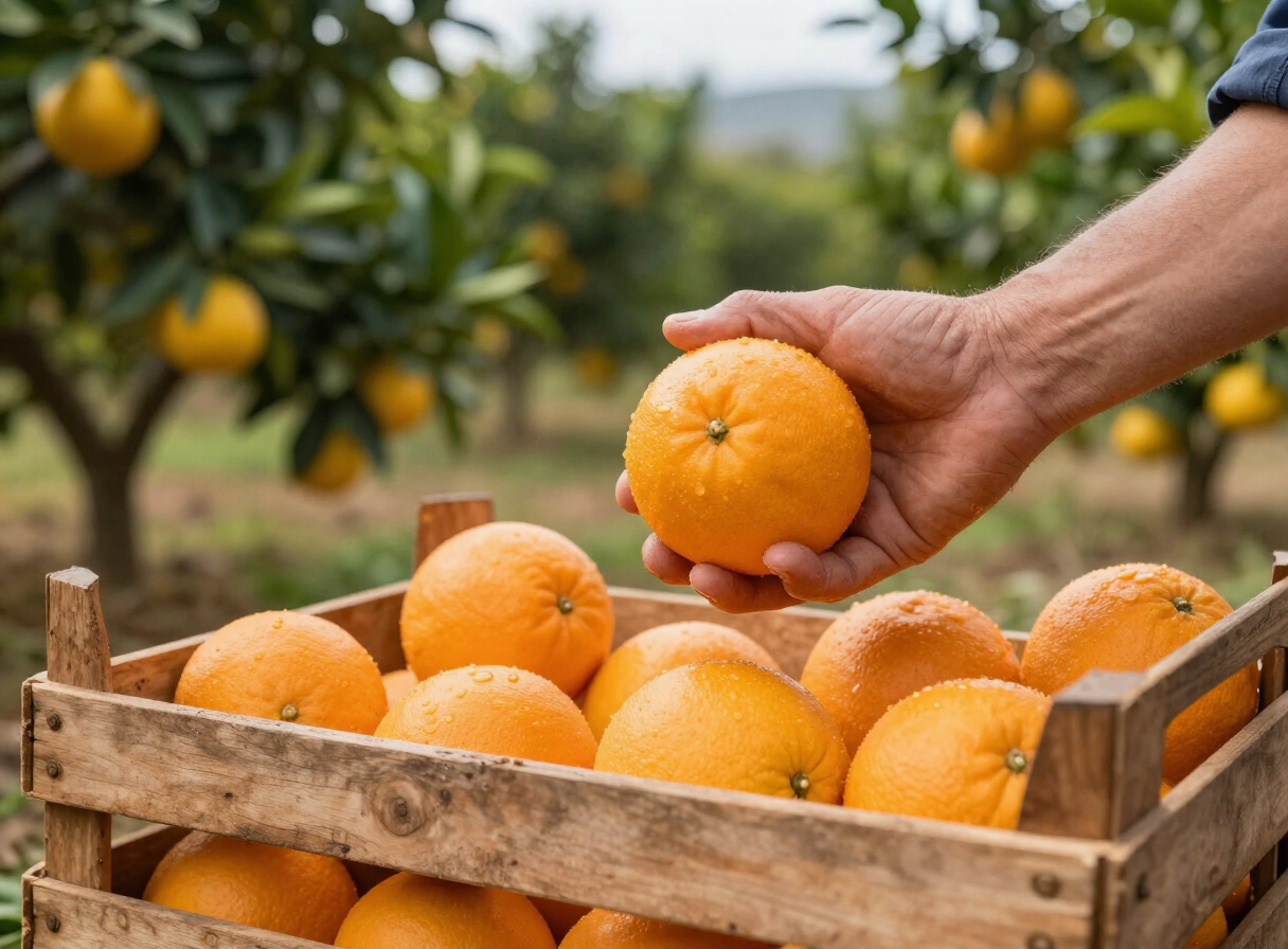 Manos seleccionando una naranja junto a una caja de fruta