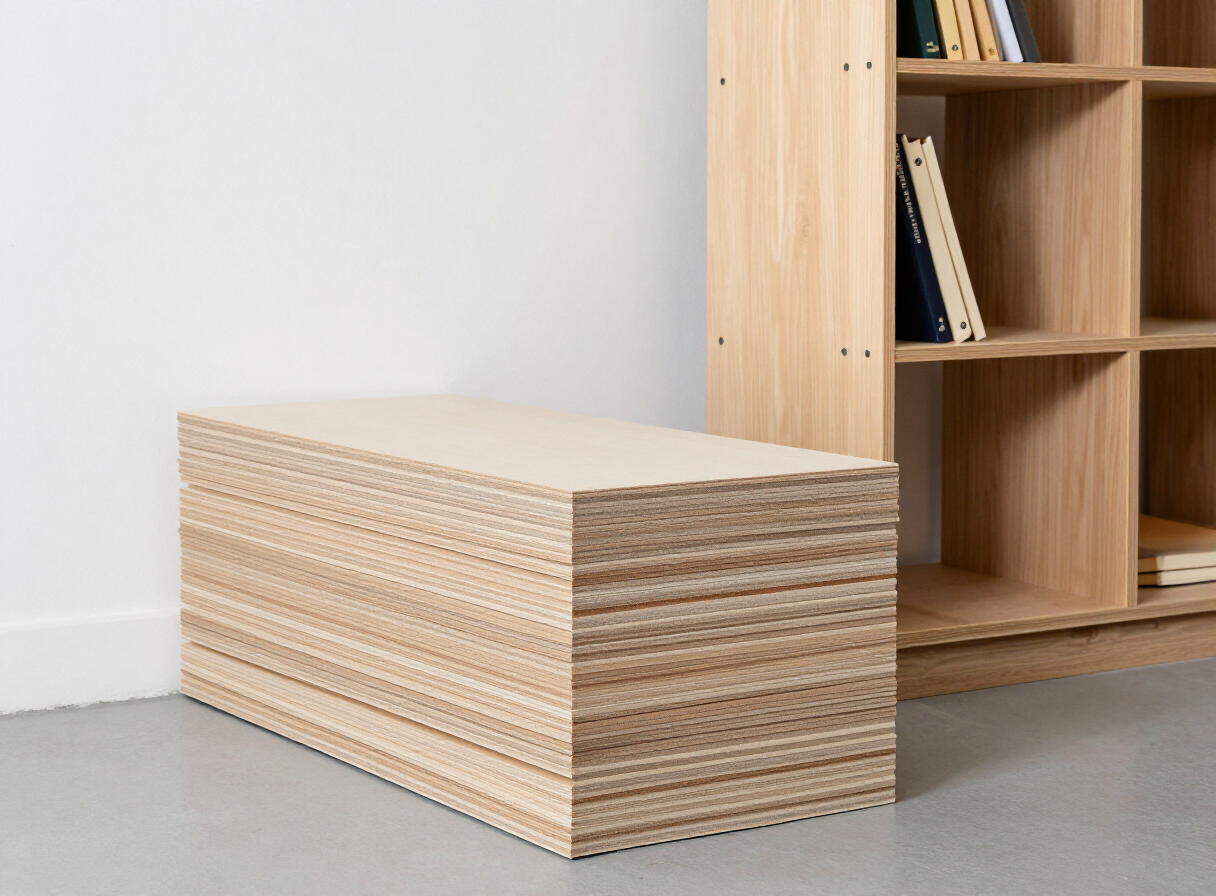 A stack of Baltic birch plywood sheets leaning against a workshop wall beside a handmade plywood bookshelf, clean layers visible at the edges
