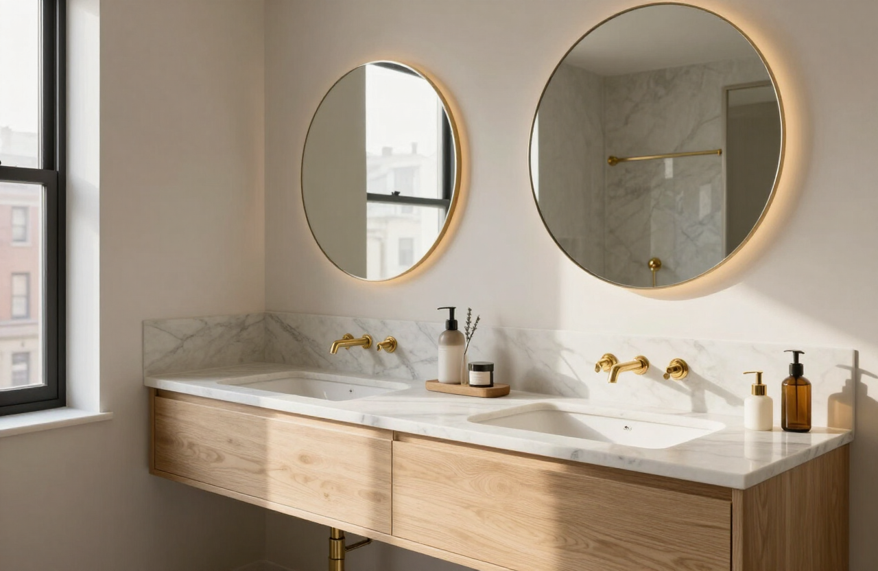 Floating Oak & Marble — bathroom vanity by HS Kitchens Studio, Brooklyn, NY