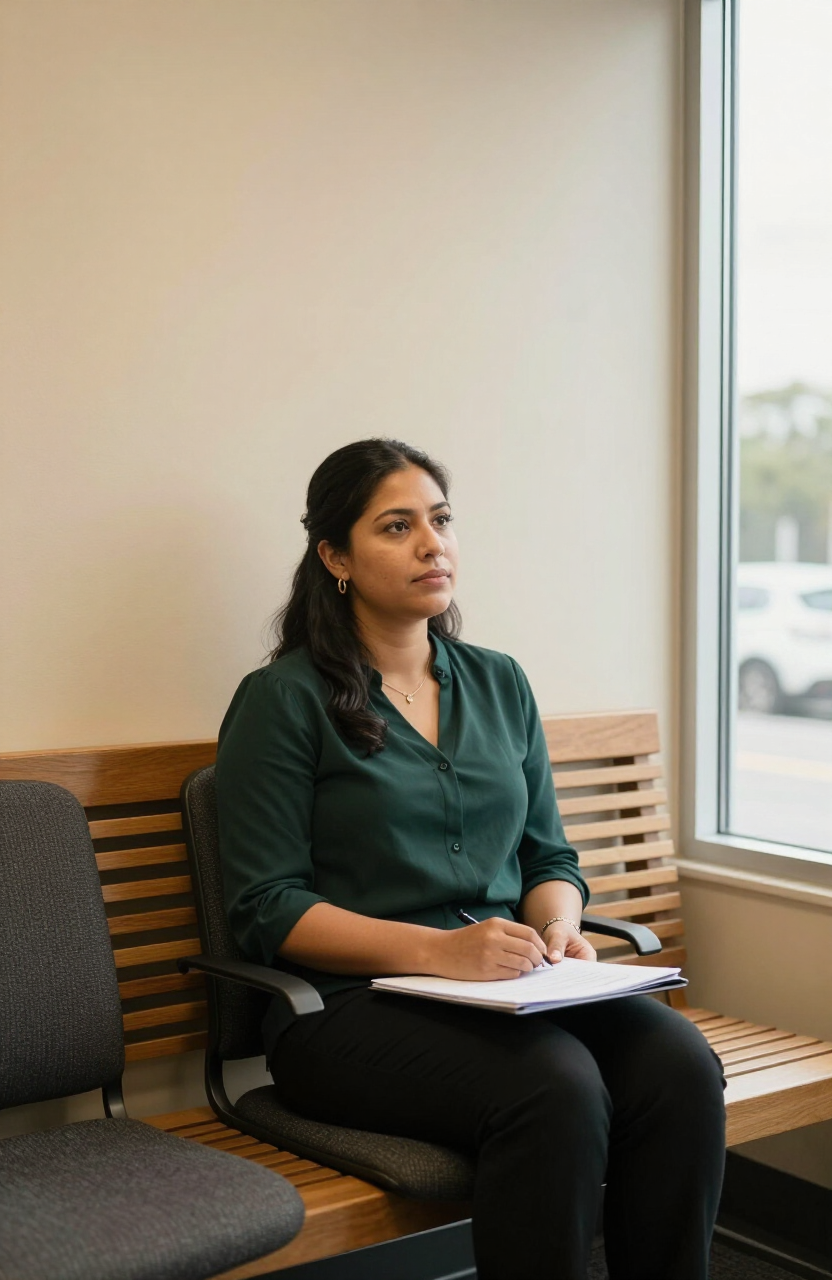 A candidate waiting with a folder in a quiet, daylit office reception area