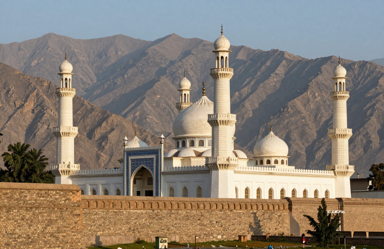 The white Shahi Mosque of Chitral with Hindu Kush mountains behind