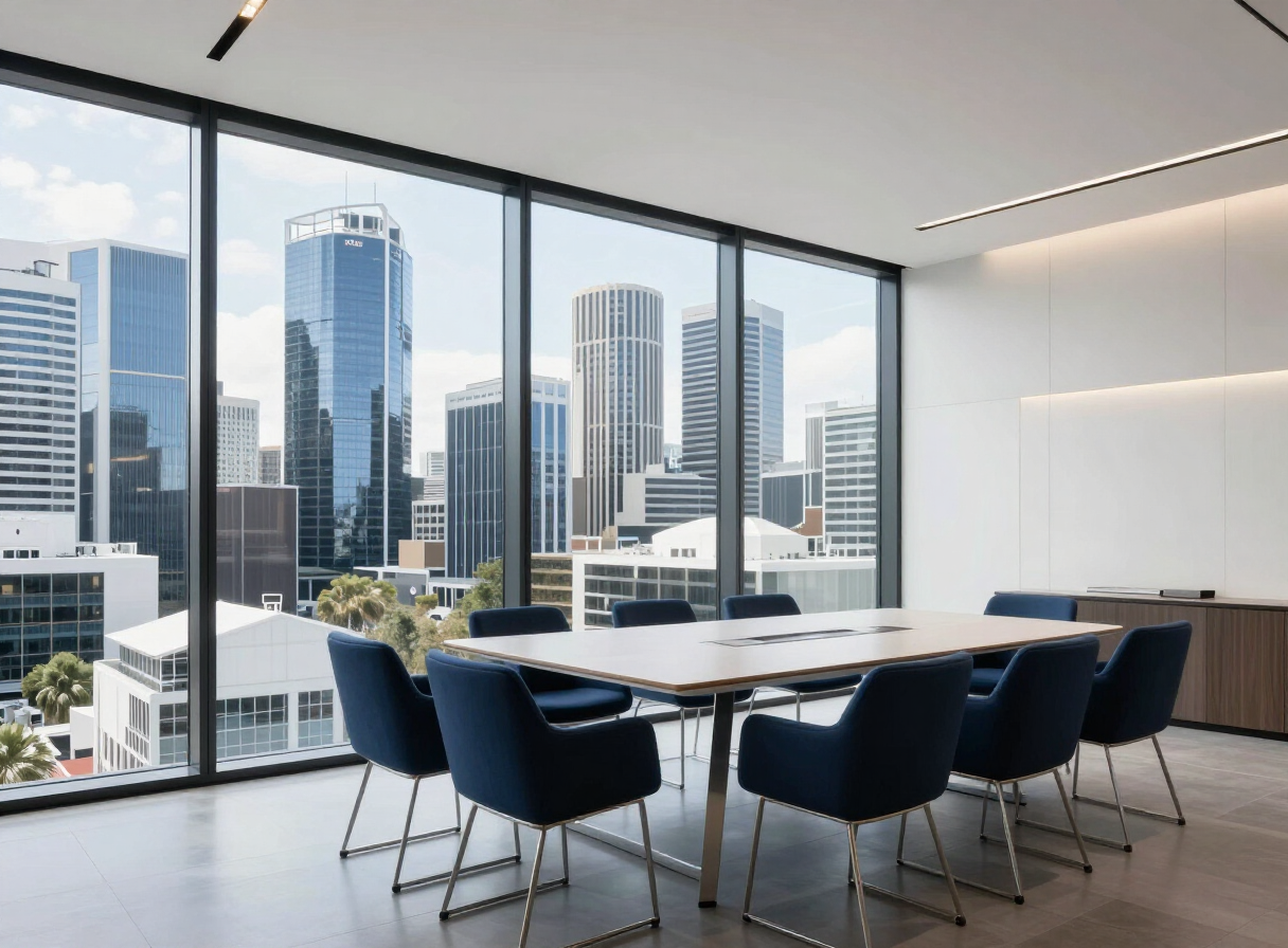 Illustrative contemporary corporate office overlooking a city business district