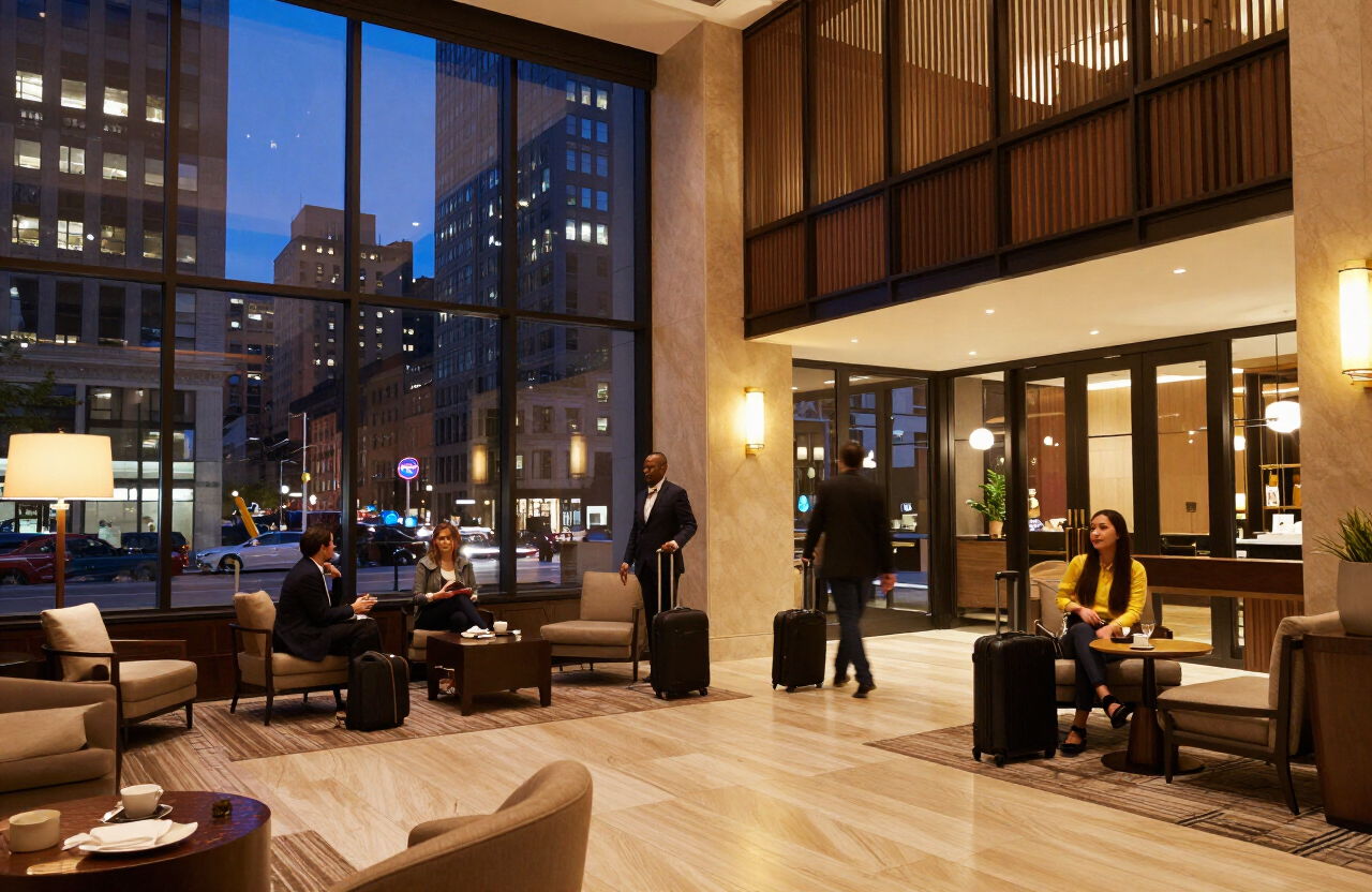 Boutique downtown hotel lobby at night with a city skyline visible through the window, representing hotel options near a tour stop