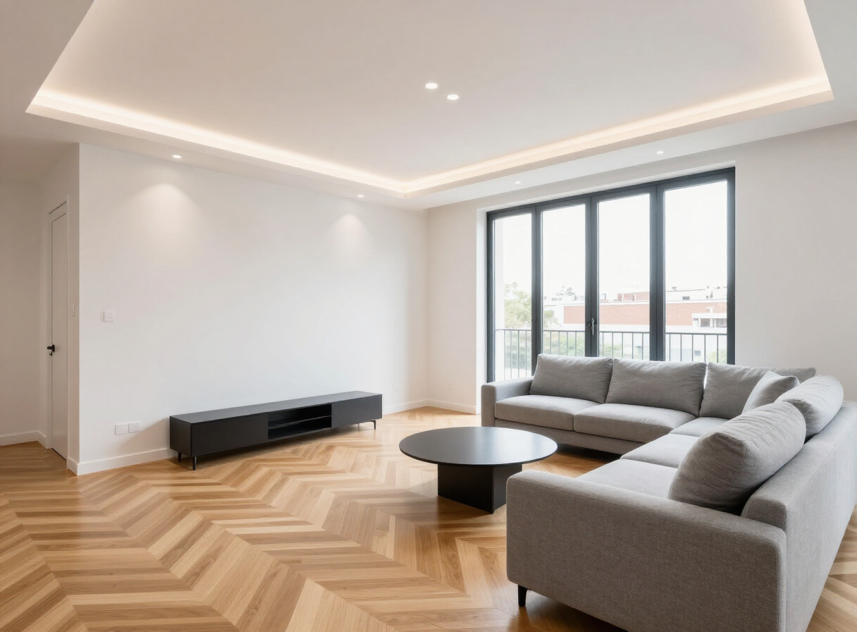 Salón luminoso reformado con parquet de roble y luz LED