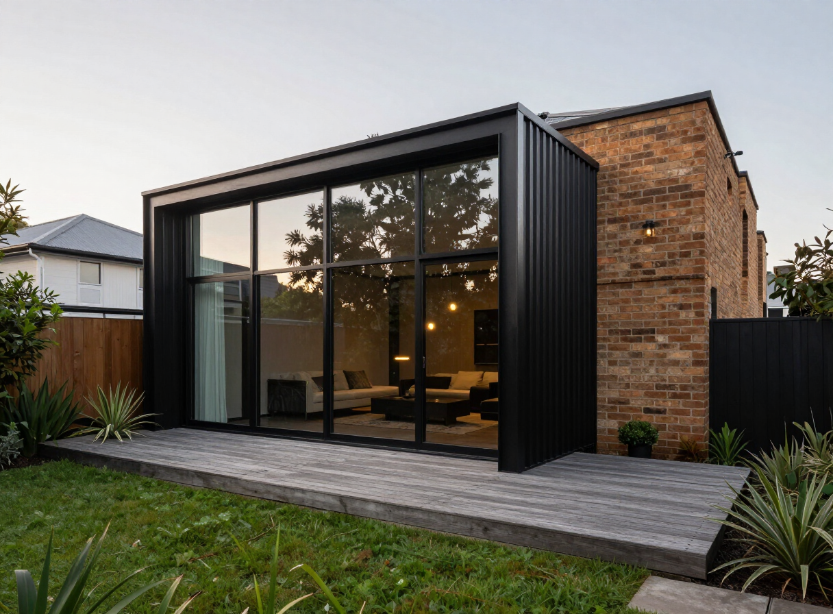 Modern glazed home extension opening onto a garden deck