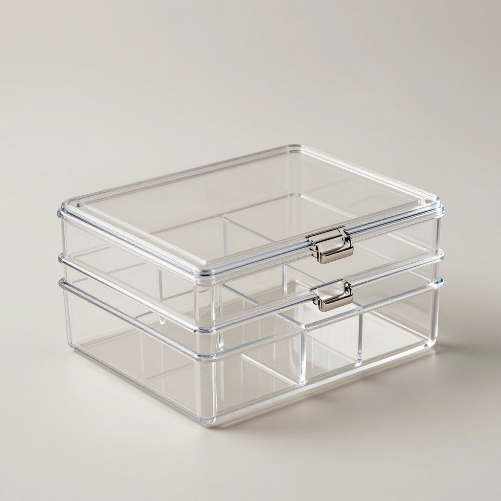 Clear acrylic jewellery organizer box with divided compartments and sliding lid