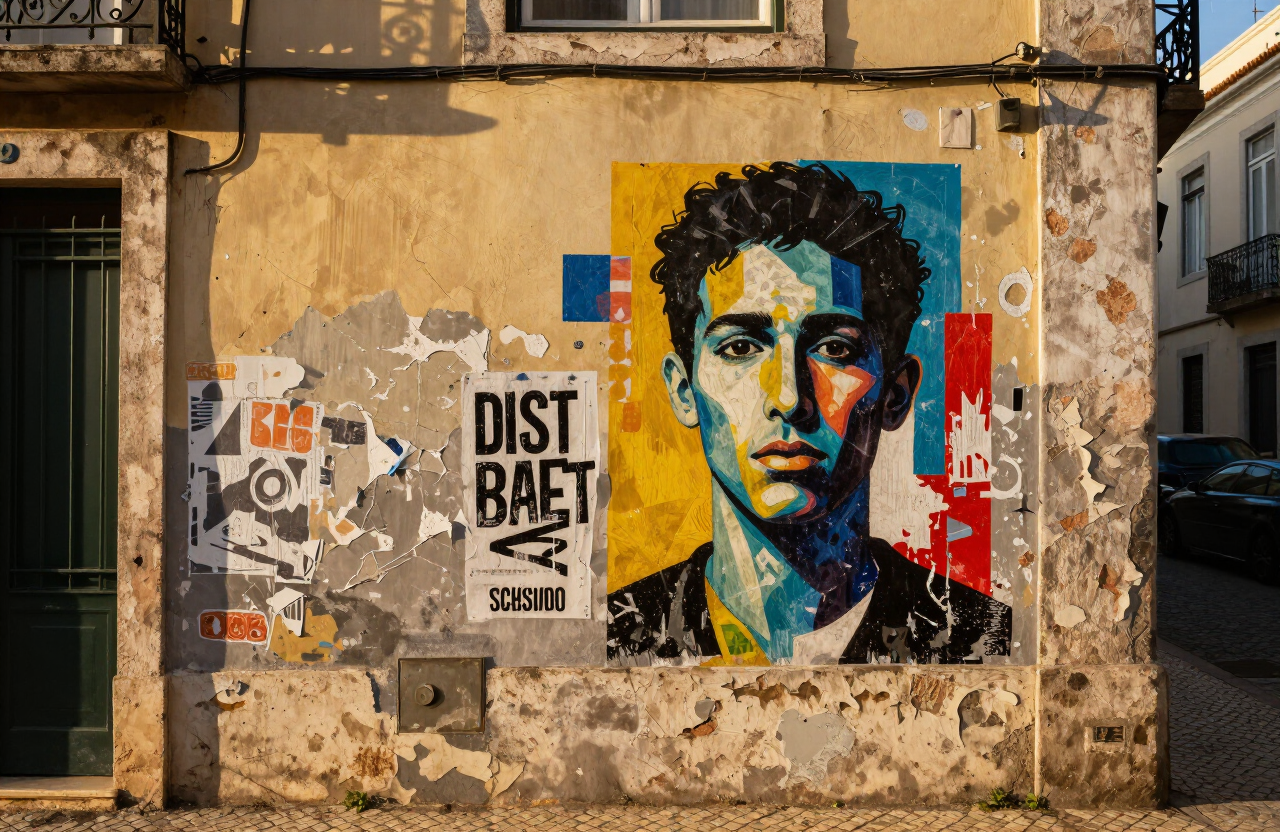 A weathered street mural on a Lisbon alley wall at golden hour