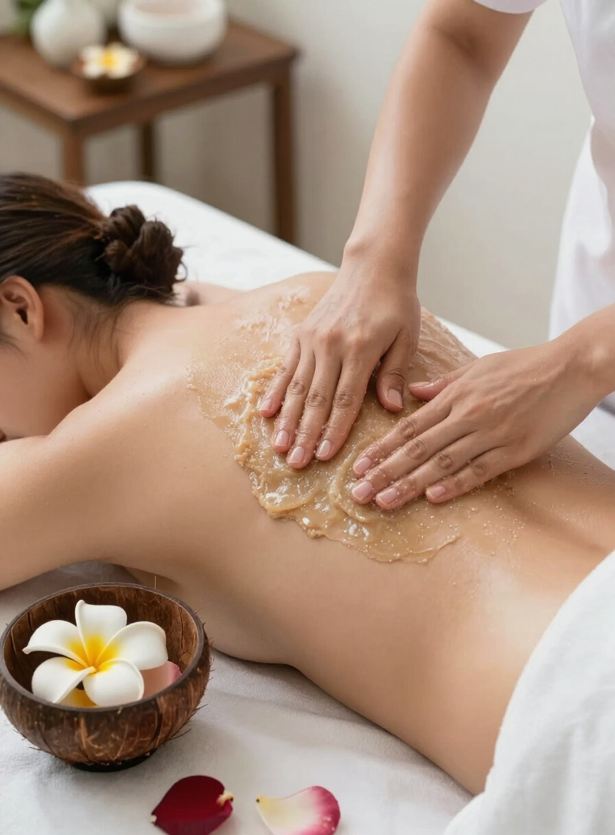 Natural body scrub being applied to a guest’s back after a Balinese massage in a bright Bali spa setting