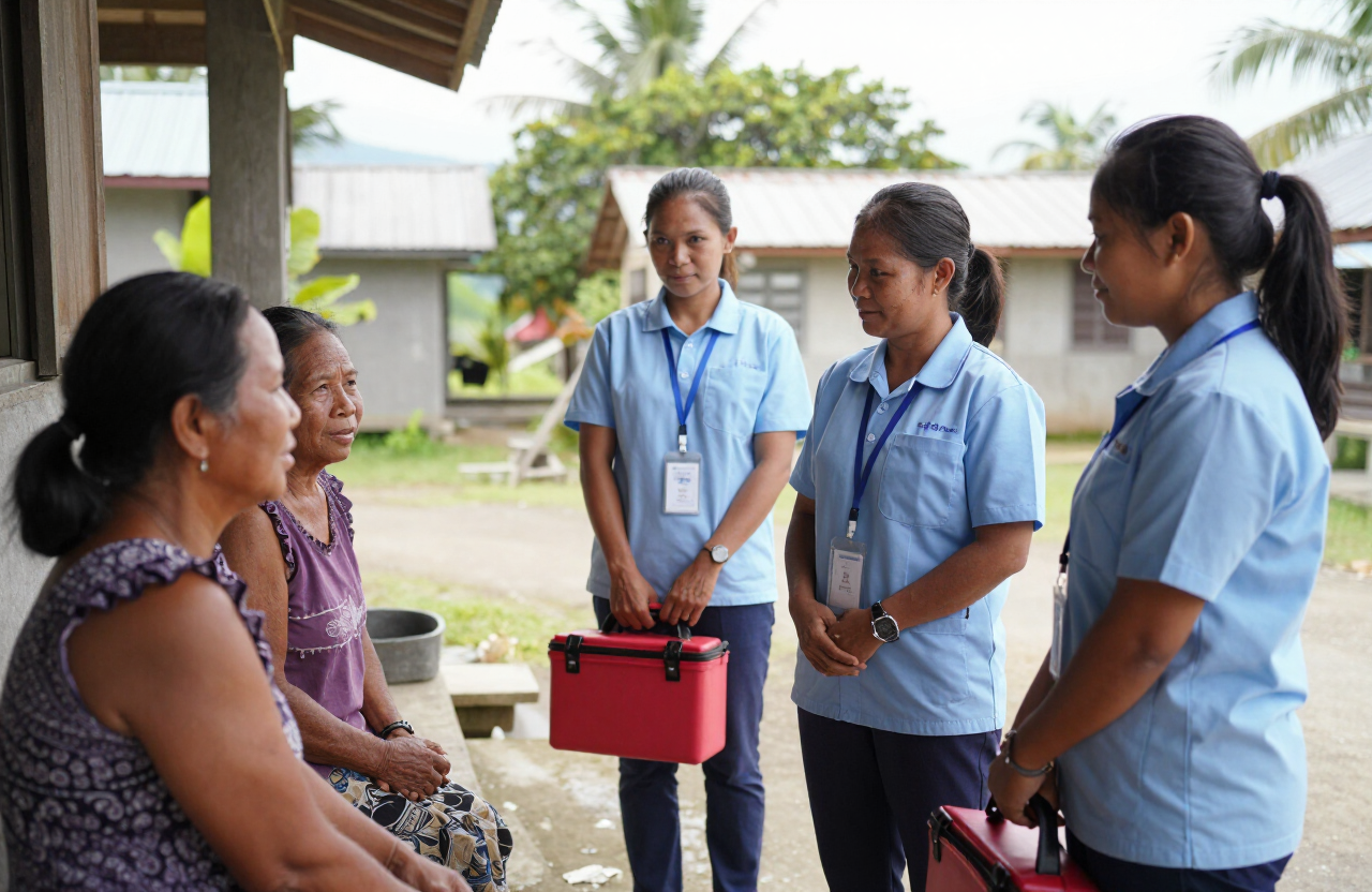 Barangay health workers begin house-to-house visits in a rural municipality in the Visayas.