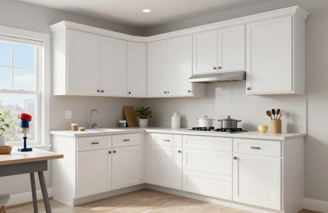 Illustrative Hackensack NJ apartment kitchen with freshly painted white shaker cabinets and a factory-smooth enamel finish