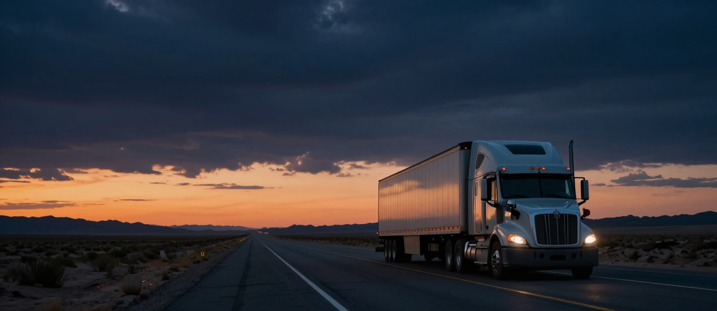 A semi-truck driving west on an empty desert interstate at dusk