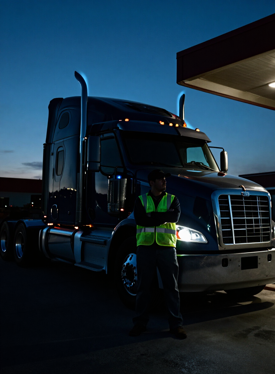 An owner-operator standing beside the cab of his semi-truck at twilight