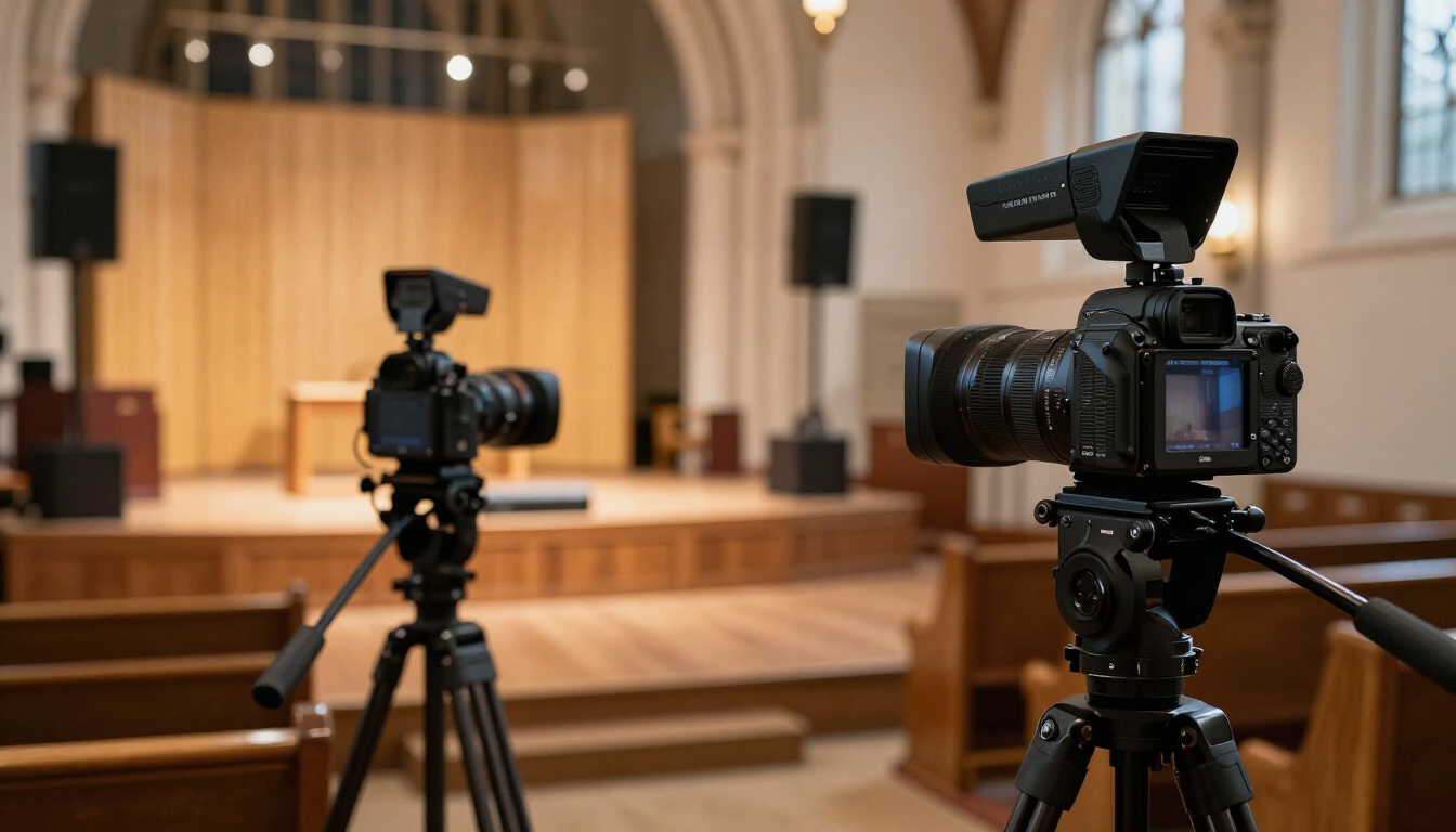 Two video cameras on tripods filming a church service