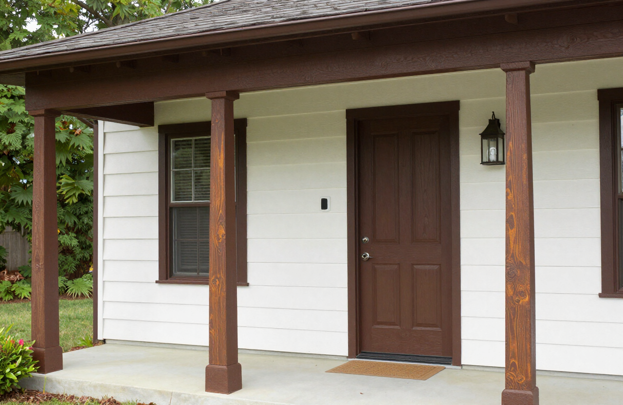Rutherford NJ Craftsman porch after painting with stained wood columns and deep brown trim