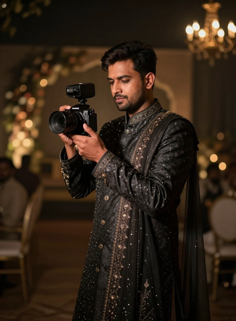 Fusion Studio photographer filming a wedding in Patna with a cinema camera