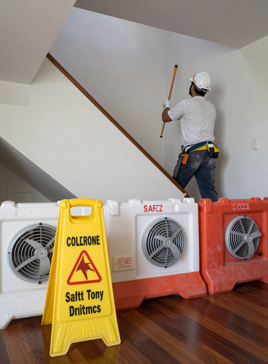 Stairwell safety protocols with wet floor signage and access barriers in West New York
