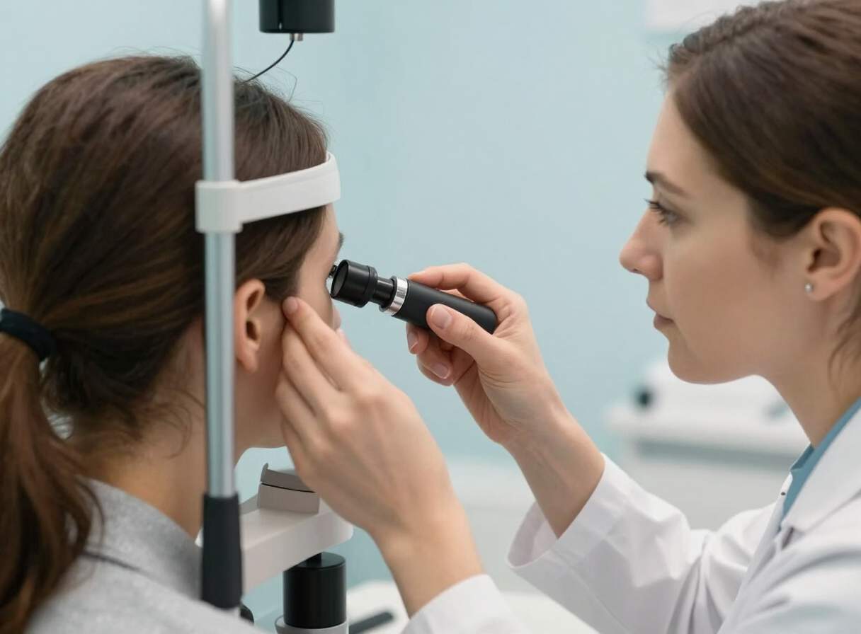 Audiologist gently examining a patient’s ear