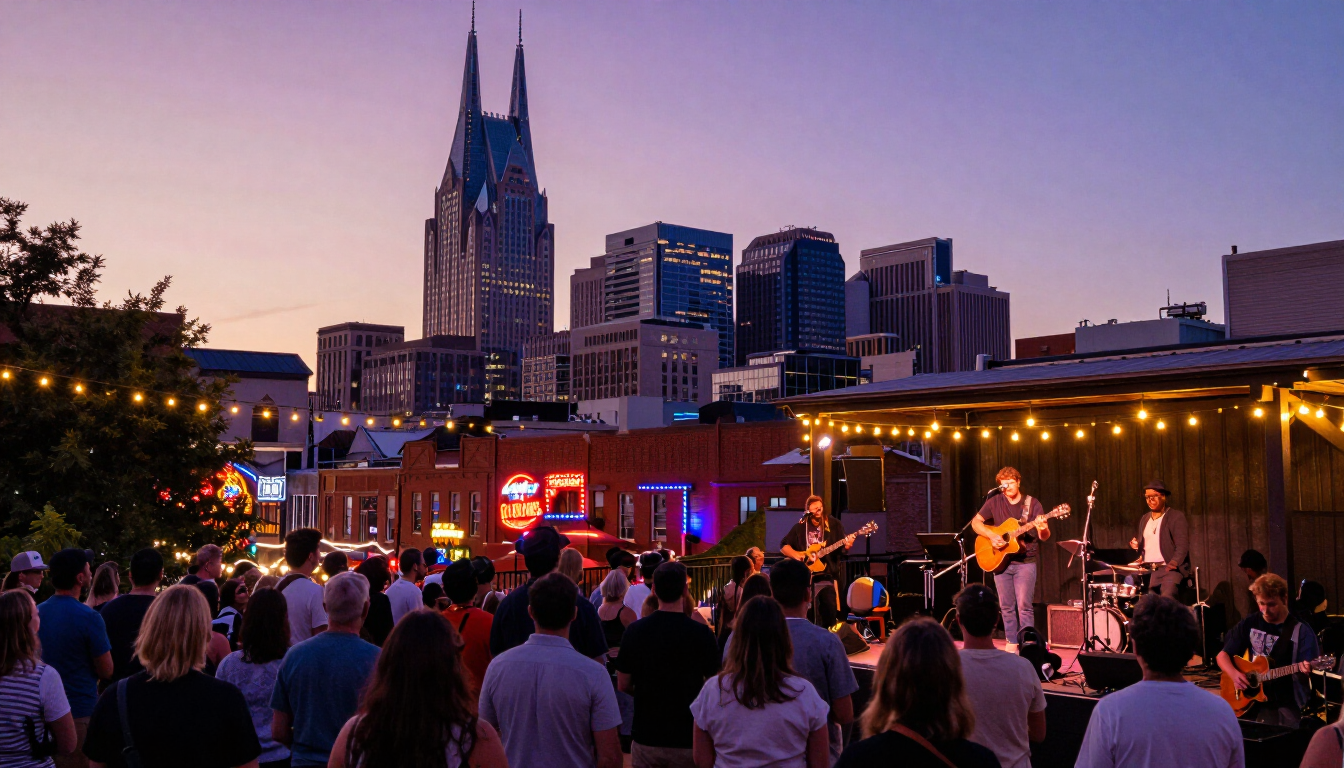 Downtown Nashville skyline at dusk with Broadway honky tonk lights and a live band playing to a weekend crowd