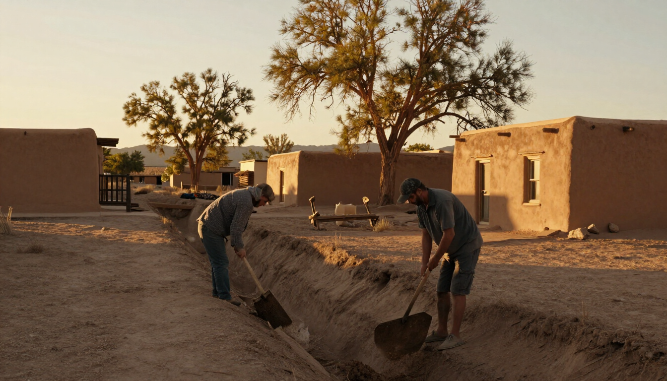 Two people clearing an acequia irrigation ditch at golden hour dawn, cottonwood trees in background, northern New Mexico