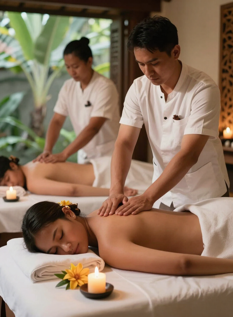 Four-hand massage with two Balinese therapists working in sync on a guest in a luxury Bali villa