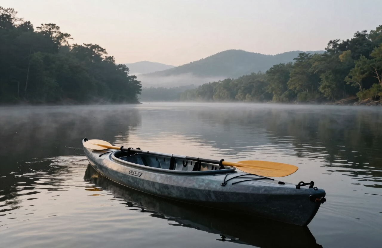 Kayak de pesca vacío flotando en el New River tranquilo cerca de Austinville, Virginia