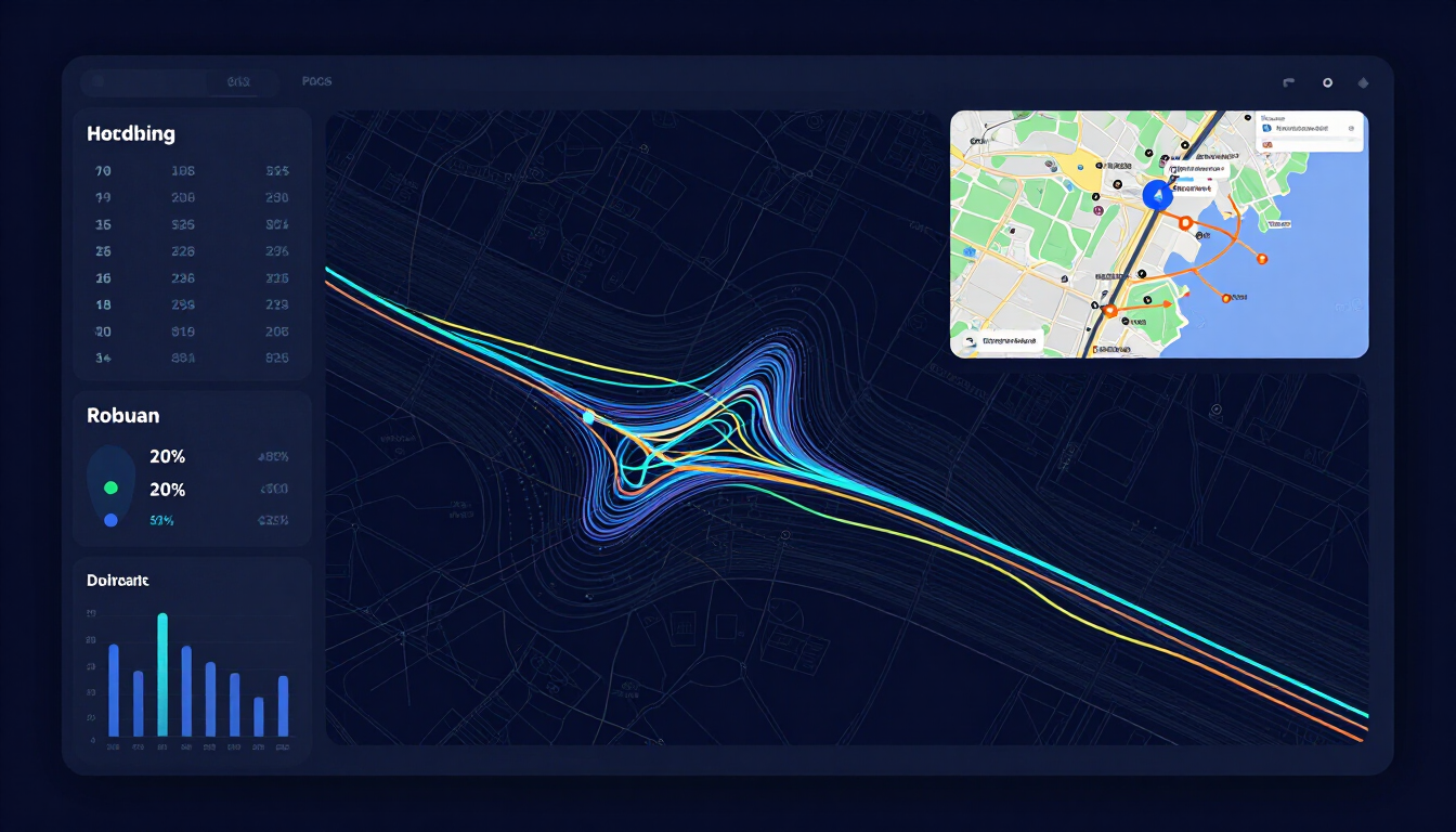 Abstract data visualization with traffic flow charts and maps on a dark navy background, analytics aesthetic