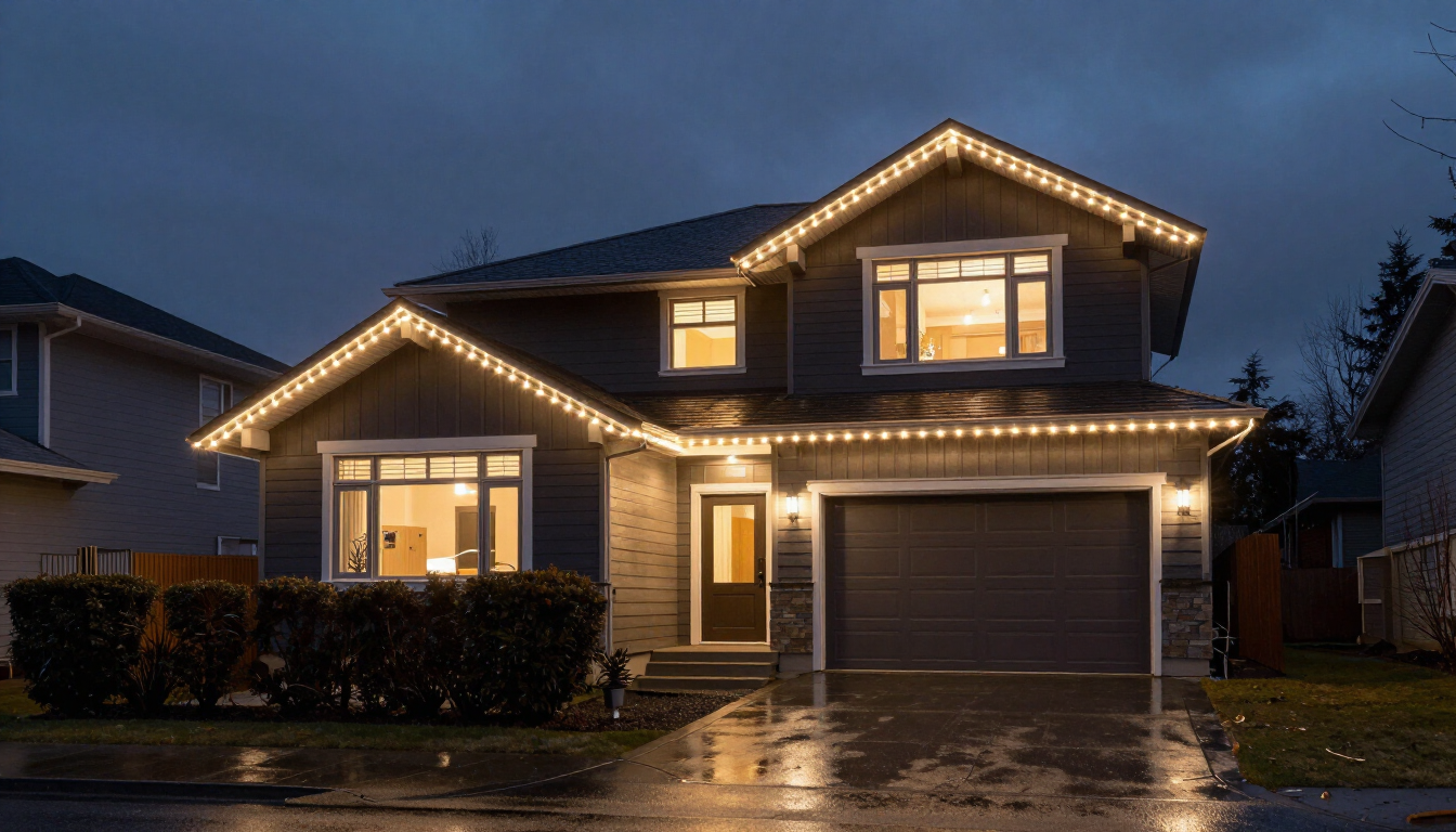 Soffit-mounted Christmas lights in Surrey with LED hanging icicles and personalized yuletide lighting scheme.