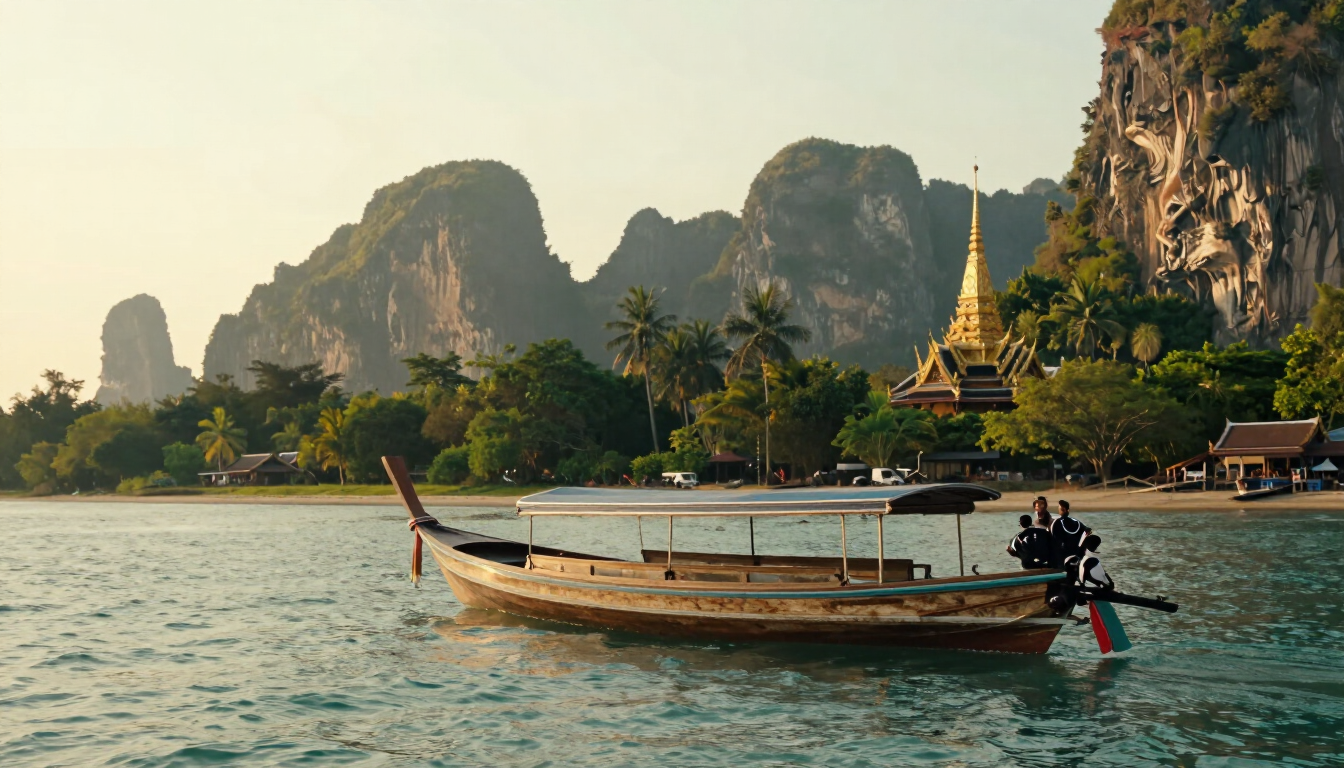 A longtail boat resting on calm turquoise water near limestone karsts at golden hour in Thailand, with a glimpse of an ornate temple spire and lush greenery in the distance