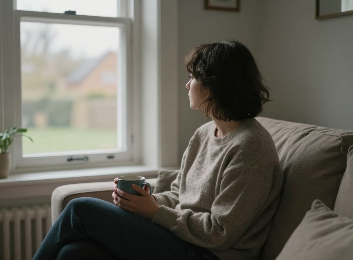 A person sitting quietly with a warm drink, reflecting