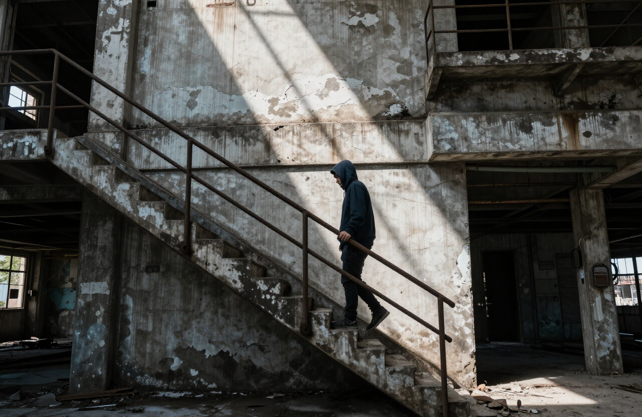 Figure in dark hooded streetwear on an industrial concrete stairwell