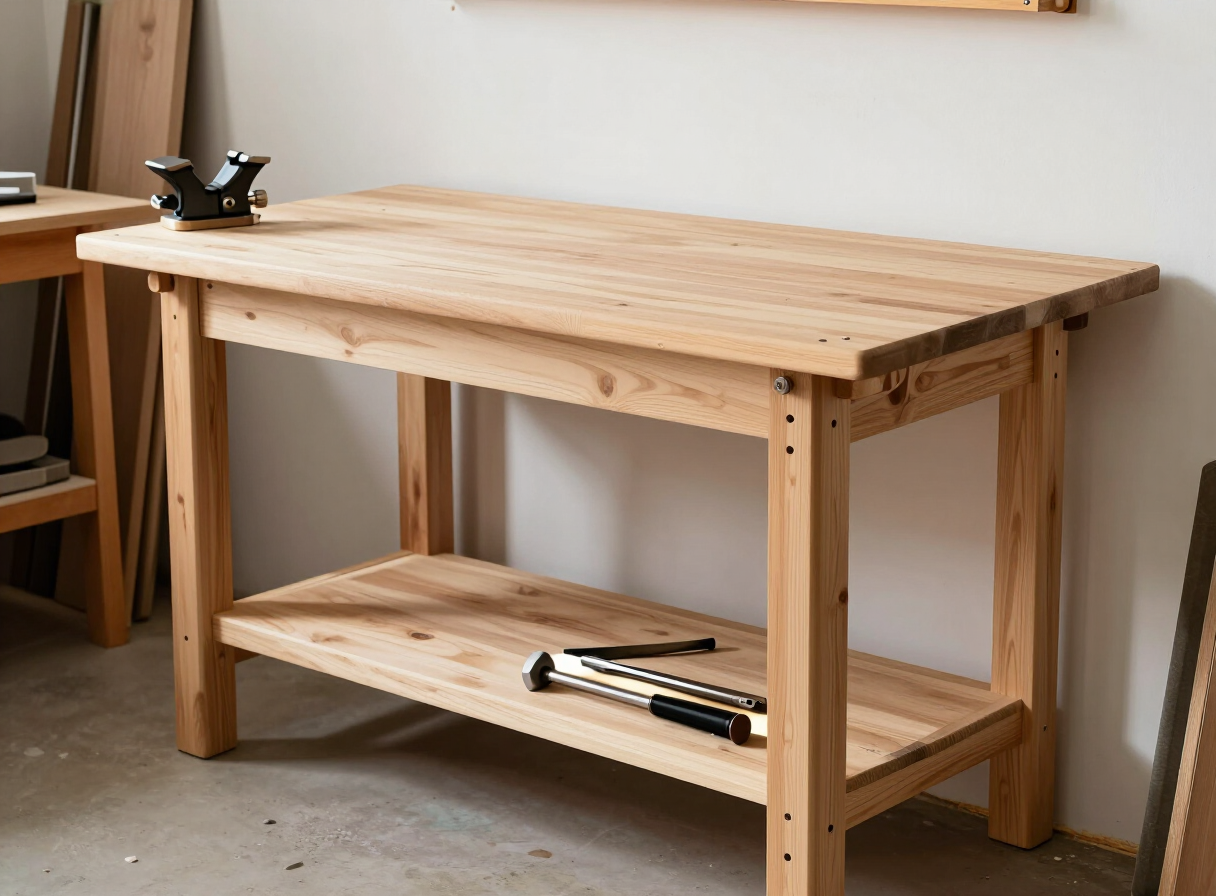 A compact homemade wooden workbench in a small workshop with a flat work surface, a vise, and a shelf holding tools underneath