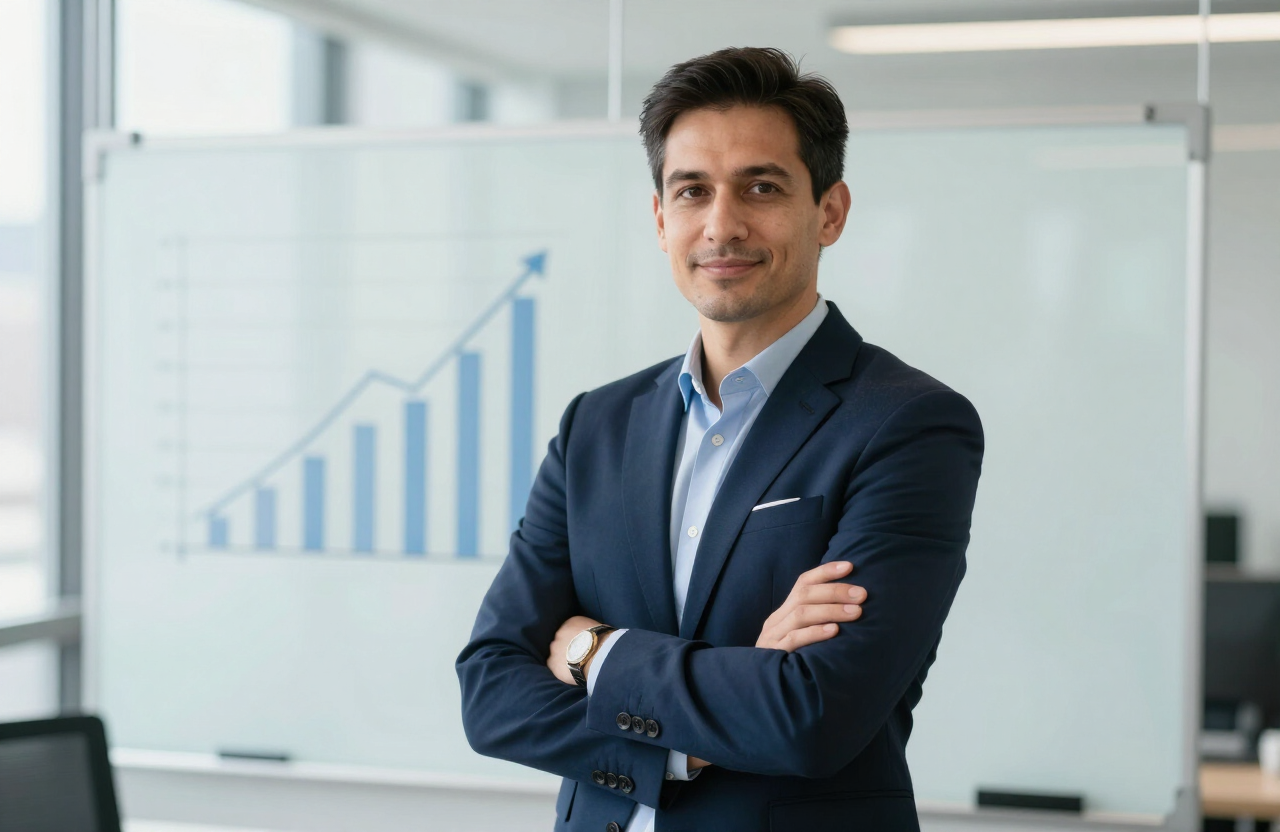 Consultant in a navy blazer standing in a bright modern office