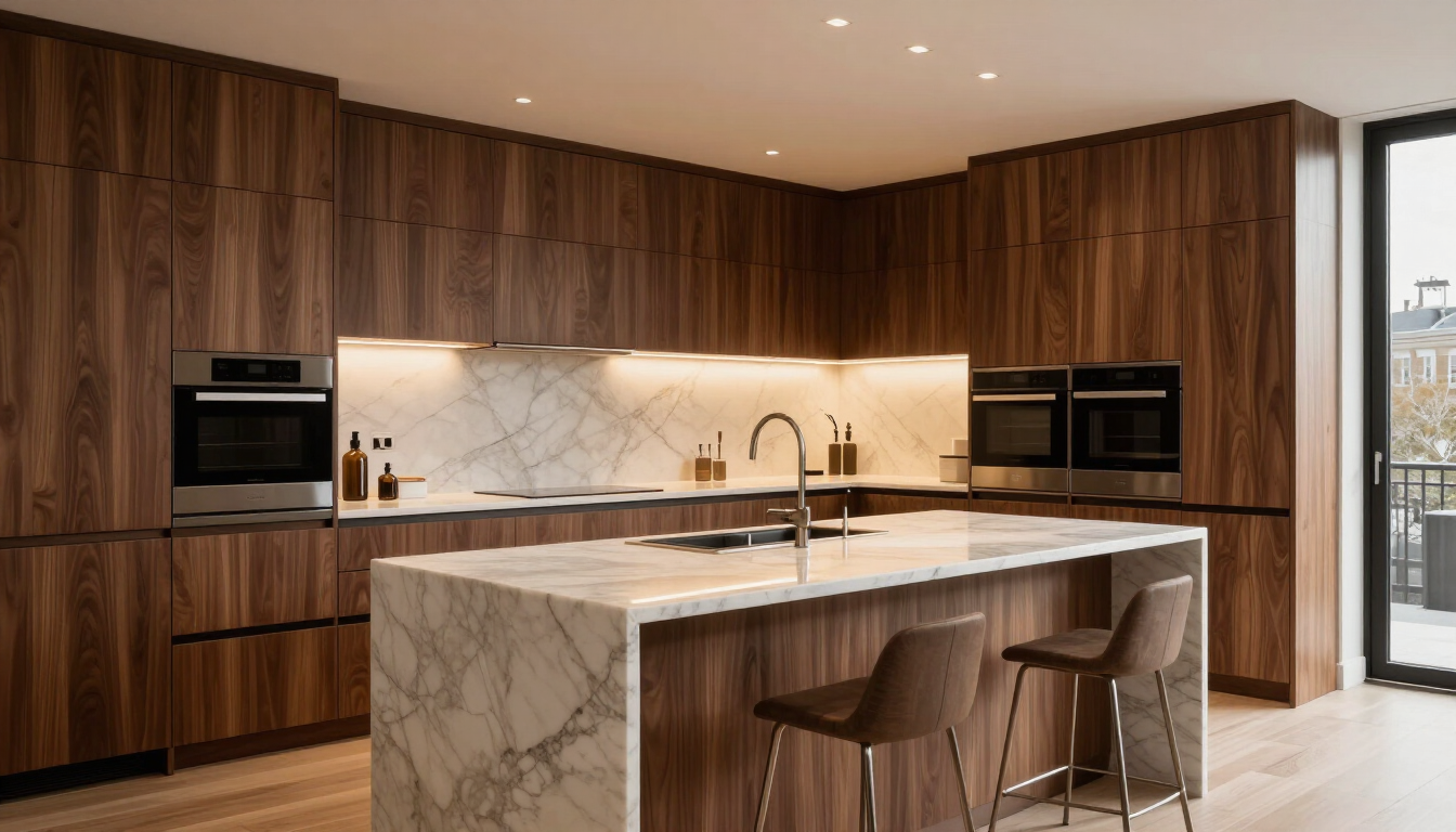 Walnut & Calacatta — Contemporary luxury kitchen by HS Kitchens Studio, Queens, NY