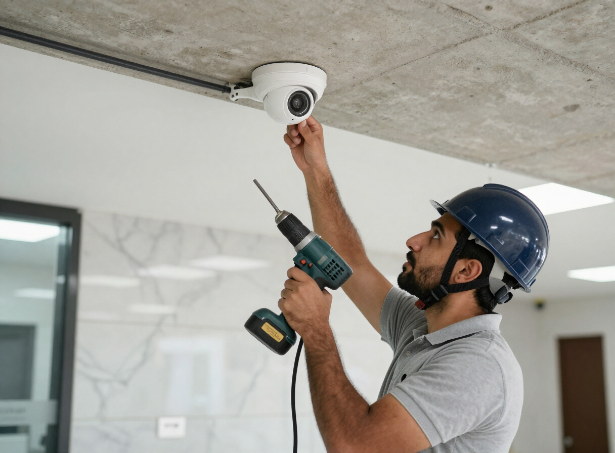 Mbabco technician installing a security camera