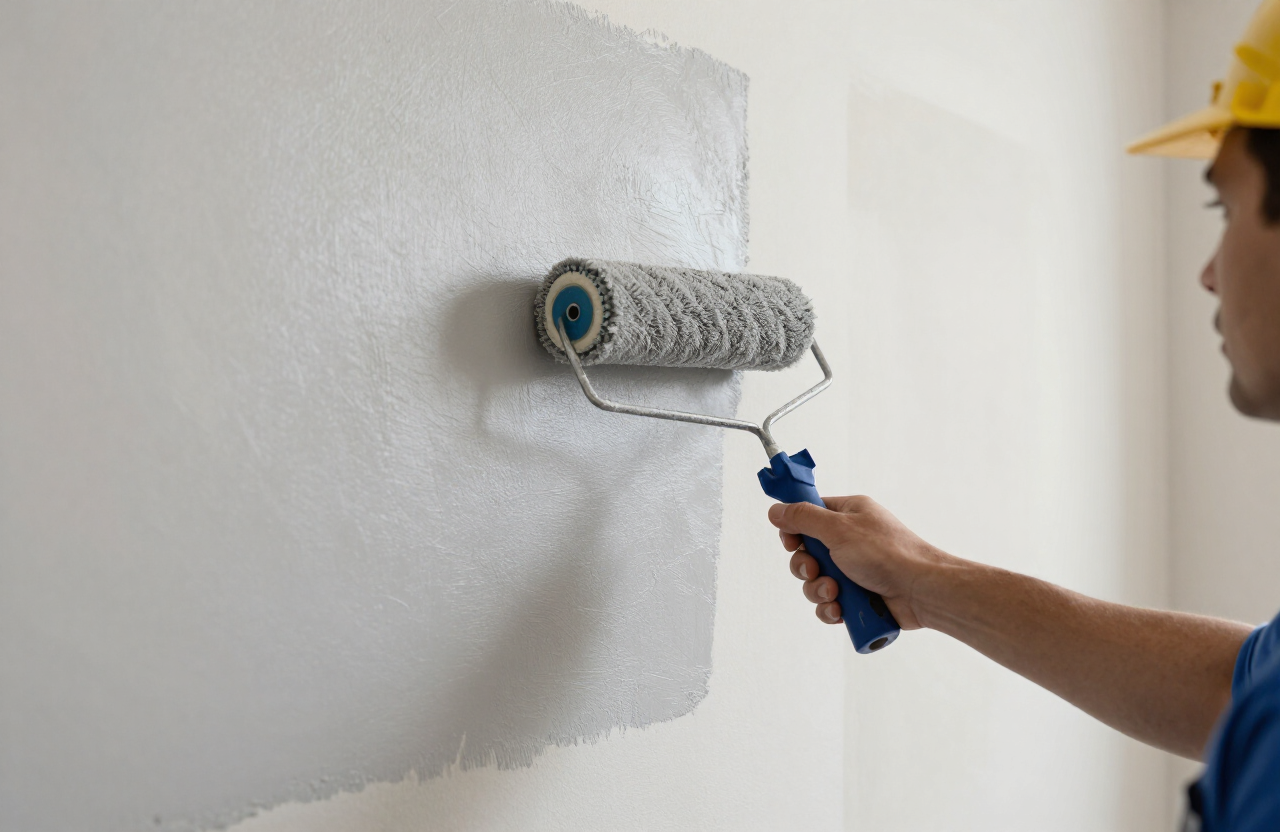 Painter rolling soft gray paint onto a new drywall wall in a Secaucus townhome