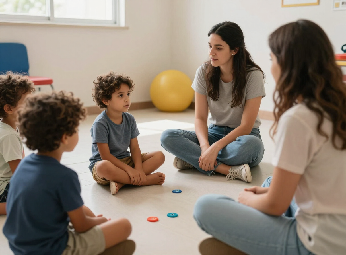 Crianças e terapeuta em roda
